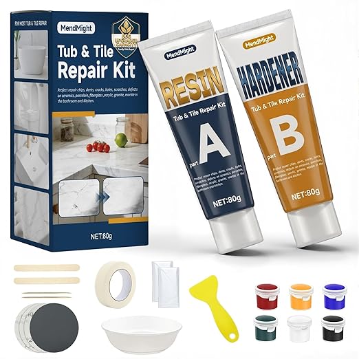 Tub & Tile Repair Kit for Renters & Homeowners, 5.6 oz Porcelain Repair Epoxy with 6 Pigments, Easy-Sand to Fix Chips, Cracks, Holes, Dents & Scratches on Tub, Sink, Countertop & Tile