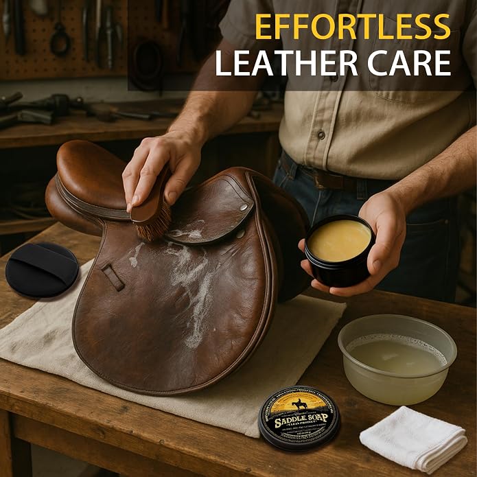 Saddle Soap 4PC Leather Care Kit – All-Natural 3.52oz Leather Cleaner & Conditioner with Horsehair Brush – Saddle Soap for Boots, Shoes, Bags, Saddles, Car & Jackets