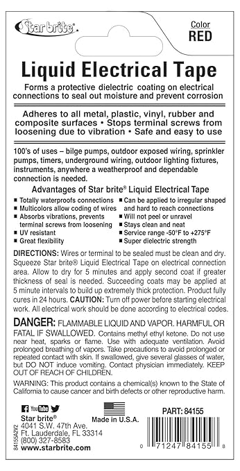 STAR BRITE Liquid Electrical Tape - Superior Adhesion and Flexible Protection for Frayed Cables, Terminals, and Electric Splices