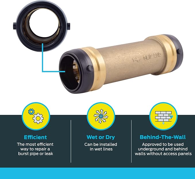 SharkBite 1-1/2 x 1-1/2 in Slip Coupling, Push-to-Connect Brass Plumbing Fitting, UXL0641
