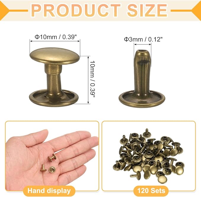 uxcell 120Set Leather Rivets, 10mm Double Cap Rivet Tubular Metal Studs Repairs Decoration Craft Accessories for Repair Decorate Leather Craft Belt Bag Shoes Purse Belts, Bronze