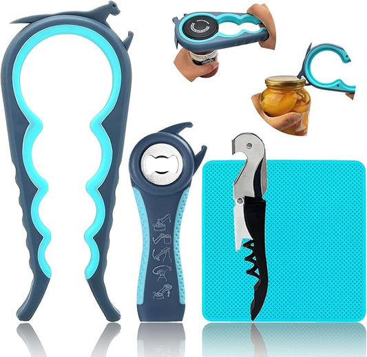 Otstar Jar Opener & Bottle Opener Set for Weak Hands - Multi-Function Kitchen Opener Tool for Seniors with Arthritis, Elderly - Includes Jar Lid Gripper Pad, Corkscrew Opener