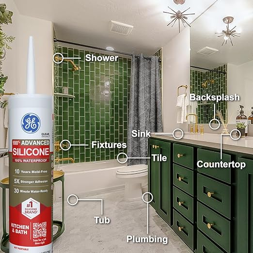 GE Advanced Silicone Caulk for Kitchen & Bathroom, Clear, 10 fl oz Cartridge, 2 Pack - 100% Waterproof Silicone Sealant, 5X Stronger Adhesion, Shrink & Crack Proof