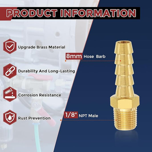Pack of 1 Brass Hose Barb Fittings Adapter Connector 8mm Hose Barb to 1/8" NPT Male Fittings for Home Machines, Massage Bathtubs, and Irrigation Systems