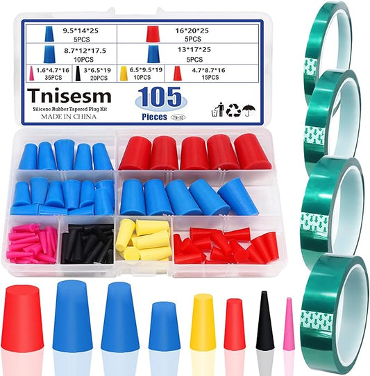 Tnisesm 109Pcs Silicone Rubber Tapered Plug Assortment Kits 1/16" to 5/8" with PET Masking Tape for Masking Off Holes During Powder Coating, Painting, Hydro Dipping, Media Blasting