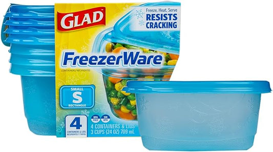 Glad GladWare FreezerWare Food Storage Containers with Lids, Small Rectangle BPA Free Plastic for Freezing Soups and Meal Prep, Crack Resistant, Microwave Dishwasher Safe, 24 Oz, 4 Count
