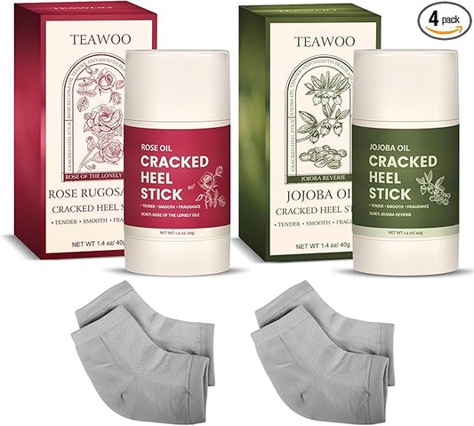4 Pcs Cracked Heel Repair Set –Comes with 2 Repair Sticks & 2 Foot Care Socks, Rose & Jojoba Oil Heel Balm for Dry Cracked Feet, No-Mess Applicator, Travel-Friendly