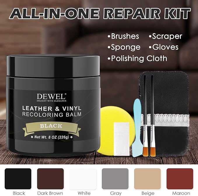 DEWEL Leather Recoloring Balm, Black Leather Color Restorer for Scratched and Faded, Leather Scratch Remover, Upgrade Leather Repair Kit for Restore Couches, Car Seats, Shoes, Boots
