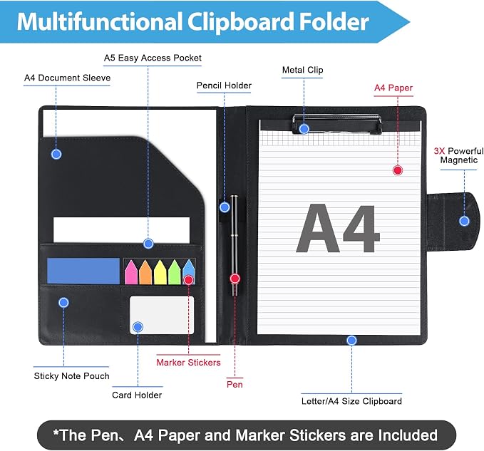 Agoer Professional Padfolio Clipboard Folder with 3xMagnetic Closure Cover | Faux Leather,A4 Size,With A4 Writing Pad & Pen & Sticky Tab,for Business Office Conference(Black),Portfolio Legal Pad Holder