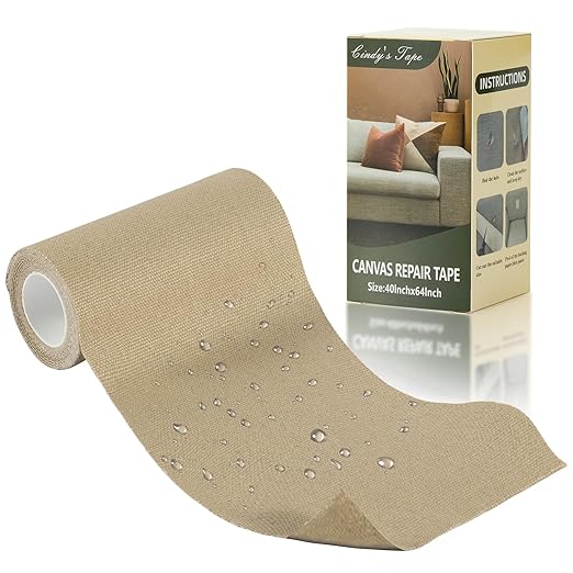 Linen Canvas Repair Tape, 4×63 Inches Flaxen Waterproof Self-Adhesive Patch for Outdoor Gear,Durable Fabric Tape for Boat Covers,Couch,Tents,Sofas,Sun Shades,Awnings,Lounge Chairs