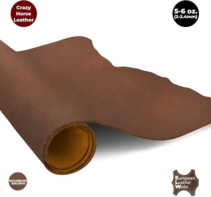 ELW Crazy Horse Leather 5-6 OZ (2-2.4mm) | Bourbon Brown | Pre-Cut 24"x24" | Full Grain Cowhide Handmade Leather for DIY, Crafts, Sheaths, Sewing, Workshop