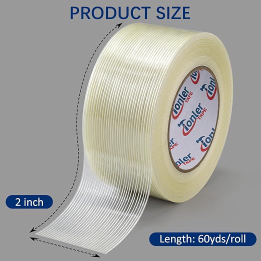 Heavy Duty Filament Strapping Tape 2 Rolls 2" x 60 Yds, Waterproof Weatherproof Strong Adhesive Tape for Shipping, Pallet Securing and Industrial Bundling