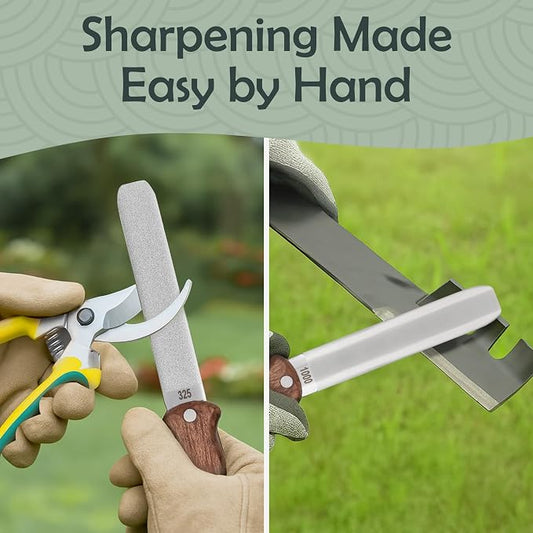 Muldale Garden Tool Sharpener - Dual Grit Titanium File with Leather Strop | for Pruners Loppers Hedge Shears Mower Blades Axes and Machetes