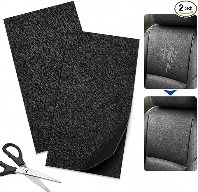 2PCS 8×4 Inch PU Leather Patch for Car Seat Repair, Self-Adhesive Leather Repair Patch Tape for Vinyl Leather Upholstery, Car Seat Furniture Repair Kit (Black)