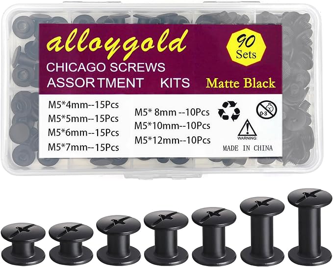 Matte Black Chicago Screws Leather Kit, 7 Sizes, 90 Sets | M5 X 4, 5, 6, 7, 8, 10, 12, Screw Rivets, For Crafts, Clothing, Shoes, Belts, Bags