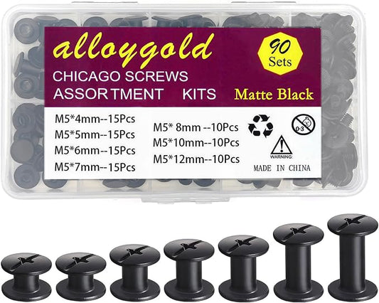 Matte Black Chicago Screws Leather Kit, 7 Sizes, 90 Sets | M5 X 4, 5, 6, 7, 8, 10, 12, Screw Rivets, For Crafts, Clothing, Shoes, Belts, Bags
