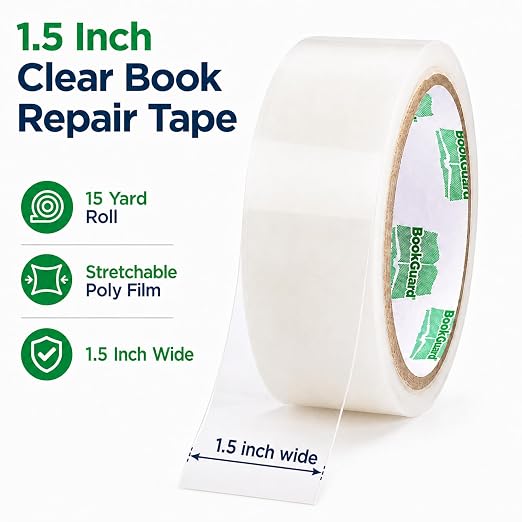 BookGuard Book Tape, Clear Book Repair Tape, 1.5 in x 15 yd, Transparent Book Binding Tape for Spines, Covers, Hinges, Pages, Library and School Book Repair Supplies, Acid Free Archival Safe Poly Tape