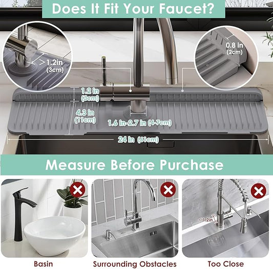 24 Inch Silicone Faucet Mat for Kitchen Sink Splash Guard - 7° Slope Water Draining Mat With Fasten Button for Bathroom Area (Dark Grey, 24''x5.5'')
