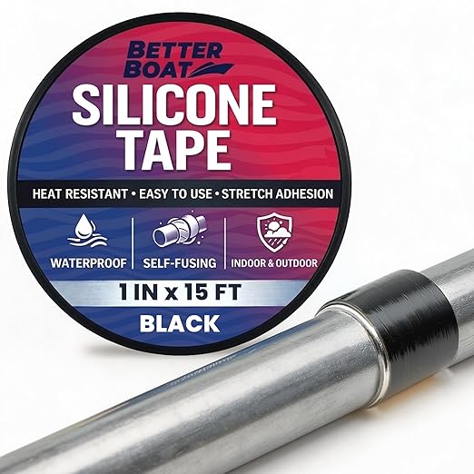 Better Boat Self Fusing Silicone Tape Waterproof Black, Hose Repair and Electrical Tape, Plumbing Tape for Leaks, 1 in x 15 ft