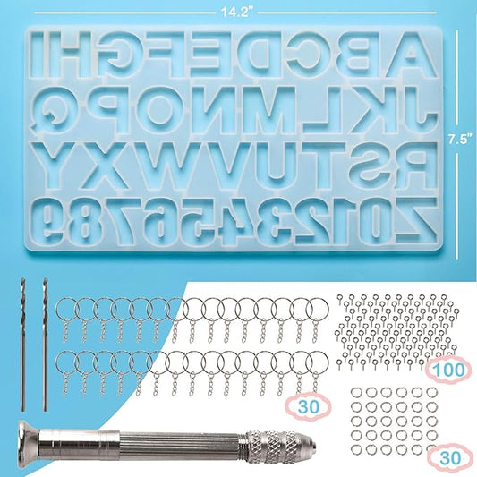 Mocoosy 134Pcs Alphabet Keychain Resin Molds Kit, Reversed Letter Number Silicone Mold Epoxy Resin Casting Molds Key Chain Making Set with 1 Hand Drill 2 Drill Bits 30 Key Rings 100 Screw Pin