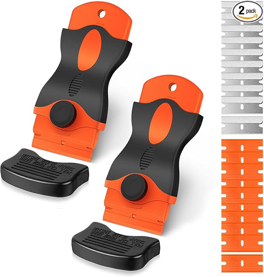 Ainiv Razor Blade Scraper, 2-in-1 Scraper Tool with 10PCS Metal Blades and 10PCS Plastic Blades, Multi-funtional Cleaning Razor Scraper for Stickers, Labels, Caulk, Adhesive, Paint Removal (2 Pack)