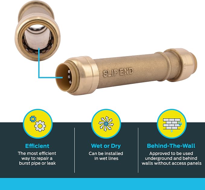 SharkBite 1/2 Inch Slip Coupling, Push to Connect Brass Plumbing Fitting, PEX Pipe, Copper, CPVC, PE-RT, HDPE, U3008LFA