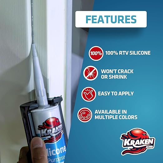Kraken Bond Gray Silicone Sealant Waterproof% 100-10 fl oz Cartridge - RTV Silicone Caulk Kitchen and Bathroom, All Purpose, Window Caulking Sealant Outdoor, RV, Exterior Use Silicon - 1 Pack