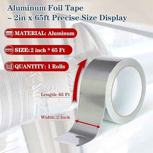 Aluminum Foil Duct Tape(2 inch x 65 Feet, 3.9 mil), Insulation Adhesive Metal High Temperature Heavy Duty Waterproof HVAC Tape, Silver for Ductwork, Dryer Vent, HVAC, Sealing