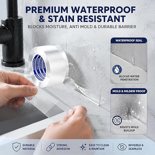 ZOMPAGO Caulk Tape 1.38in x 9.84FT Clear Waterproof Self Adhesive Caulking Tape Peel and Stick Caulk Strip for Bathroom Bathtub Toilet Kitchen Vanity Stain Resistant