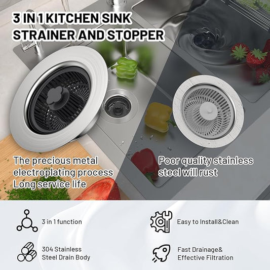 Widened 3 in 1 Kitchen Sink Drain Strainer & Stopper Kit, 304 Stainless Steel Pop Up Kitchen Sink Stopper with Extra Strainer Basket, Fast Drainage Kitchen Sink Plug for US Standard 3-1/2 Inch Drain