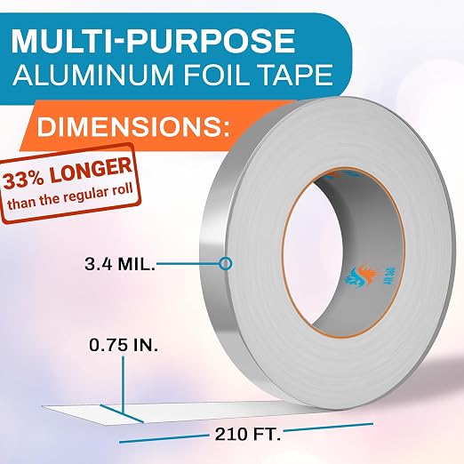 Thick Aluminum 0,75" x 210 ft HVAC Duct Tape for AC & Vent Repair, Cold Temperature Foil Tape for Pipe Insulation, Fire Proof Waterproof Metal Tape, High Temp Flex Duck Tape, Aluminum Body Tape