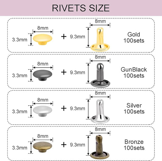 400Sets Assorted 8mm Double Cap Rivet, Leather Rivets Kit Tubular Metal Studs for Fabric Boot Purse Leather Hardware Supplies