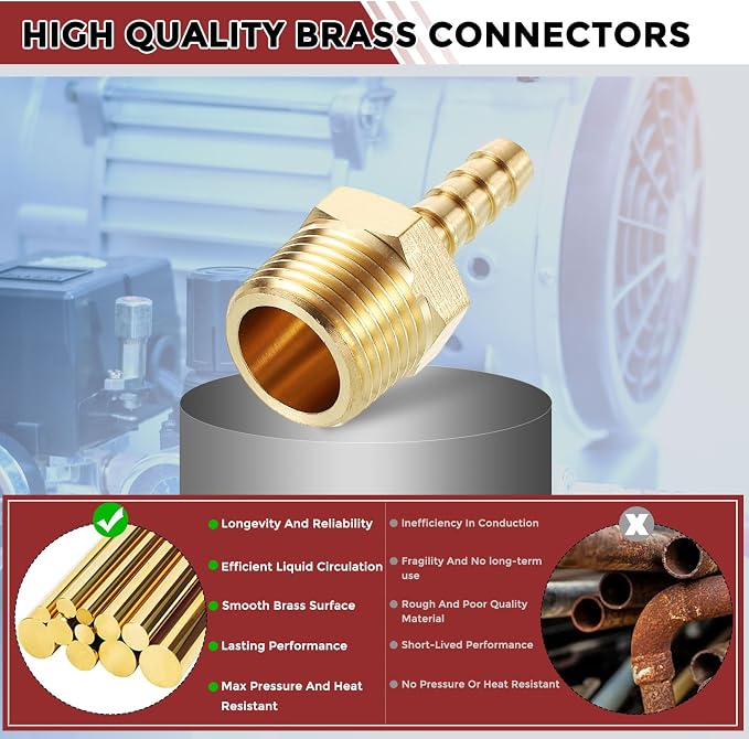 Pack of 25 Brass Hose Barb Fittings 1/4" Hose Barb to 3/8" NPT Male Fittings