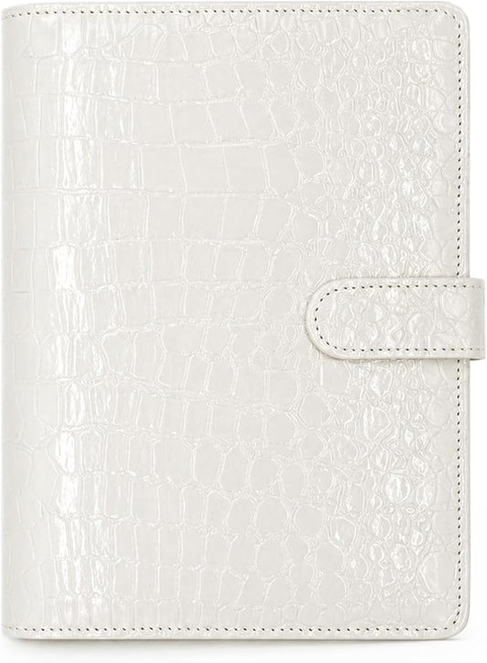 Convend A5/A6 Refillable 6 Ring Binder Cover, Crocodile-Textured PU Leather Notebook Binder with Hidden Snap Closure, Planner Organizer, (White)