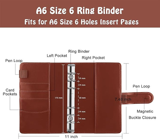 Antner A6 Binder 6 Ring Refillable Notebook Budget Planner for A6 Filler Paper, PU Leather Loose Leaf Personal Planner Wallet Money Organizer Cash Stuffing Binder with Magnetic Buckle Closure, Brown