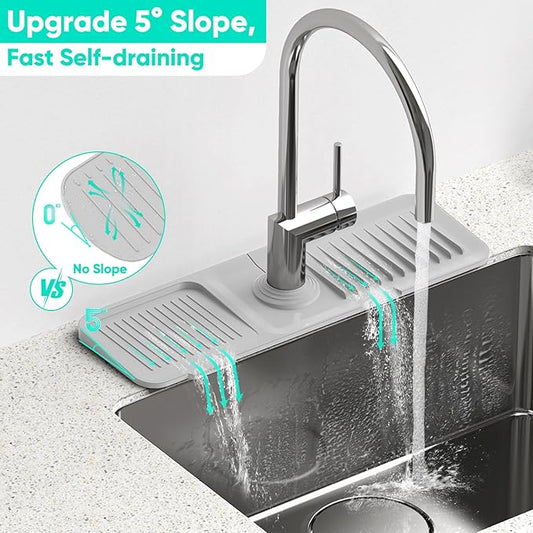 17.7'' Faucet Mat for Kitchen Sink [5°Slope Fast Self-draining] Kitchen Sink Splash Guard Silicone Sink Faucet Mat Splash Guard Kitchen Sink Area Tidy Splash Faucet Guard Draining Mat-Light Gray