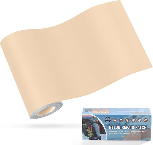 OAZ 3.9 x 63 inch Nylon Repair Patches Nylon Fabric Patch Self-Adhesive Fabric Repair Tape Waterproof Lightweight Outdoor Gear Patch Kit for Down Jacket Clothing Tent Bag (Beige)