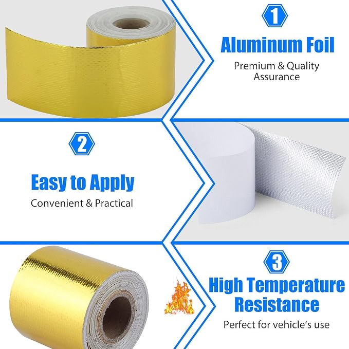 Xinhan (Gold,Silver,Black) Aluminum Foil Heat Shielding Tape High Temperature Heat Reflective Adhesive Backed Tape Compatible With Car Intake Pipe Engine Bay Hoses Wires Etc (Gold, 2in x 50ft)