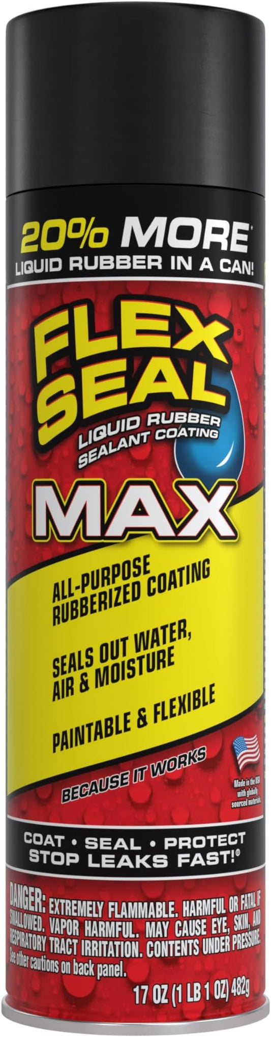 Flex Seal MAX, 17 oz, 1-Pack, Black, Stop Leaks Instantly, Waterproof Rubber Spray On Sealant Coating, Perfect for Gutters, Wood, RV, Campers, Roof Repair, Skylights, Windows, and More