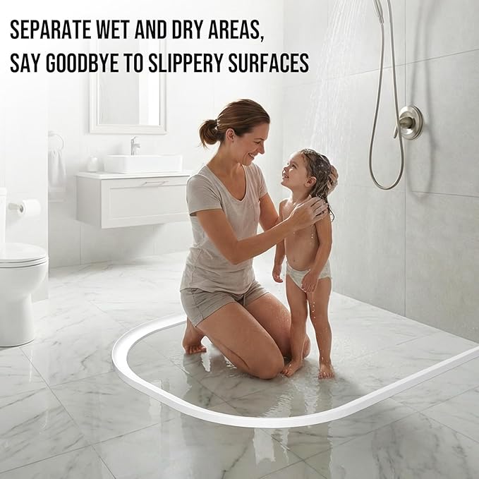 Shower Threshold Water Dam Barrier - Versatile, Silicone Shower Water Guard Stopper Seal Strip for Bathroom Floor, Bathtub Rim, Kitchen Countertop (White, 98 In/ 2.5M)