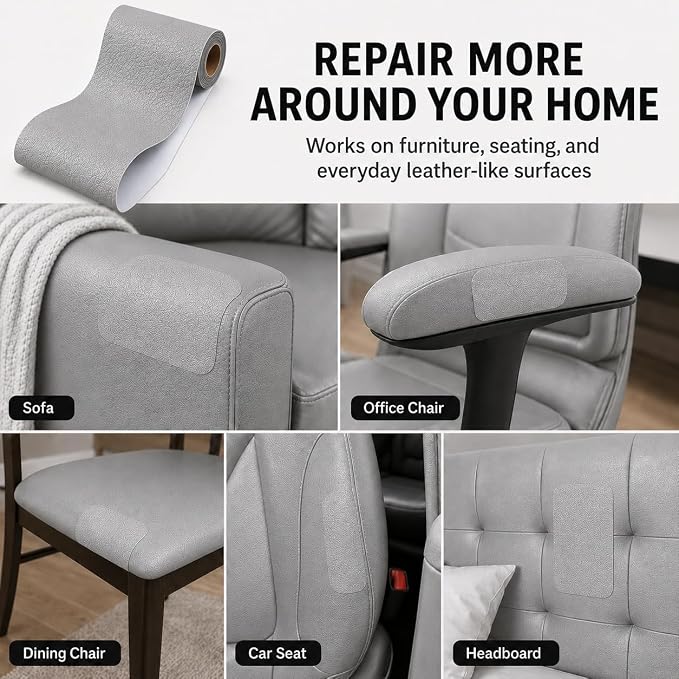 Self Adhesive Leather Repair Patch 24x54 Inch, Large Vinyl Repair Kit，Grey | Leather Tape for Furniture, Couch, Sofa, Car Seats. Waterproof, Strong Adhesion, Easy Cut Pleather Patch Waterproof Scratch