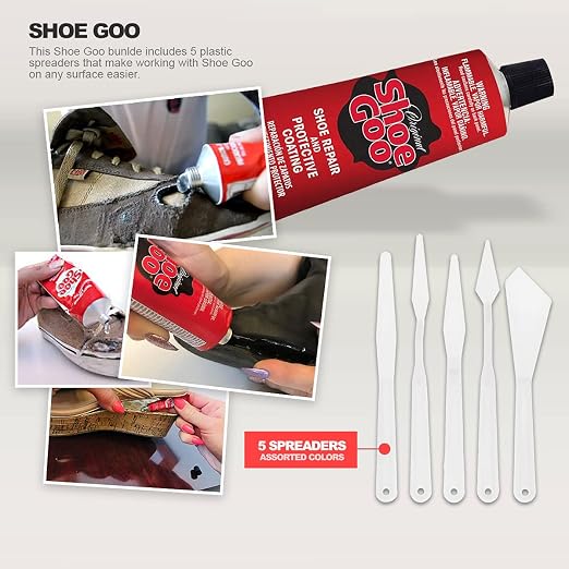 Black Shoe Goo Repair Adhesive for Fixing Worn Shoes or Boots, Black, 3.7 Ounce (109.4mL), 4 Snip Tip Applicator Tips and Pixiss Spreader Tools Set.