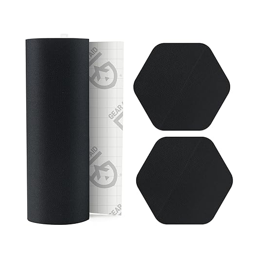 GEAR AID Tenacious Tape 3” x 20” Nylon Fabric Gear Repair Tape with (2) 1.5” Hex Patches, Fix Holes and Rips in Puffy Jackets, Rain Gear, Tents, Sleeping Bags and Outdoor Equipment, Black