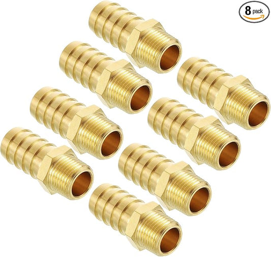Pack of 8 Brass Hose Barb Fittings Adapter Connector 5/8" Hose Barb to 3/8" NPT Male Fittings for Home Machines, Massage Bathtubs, and Irrigation Systems