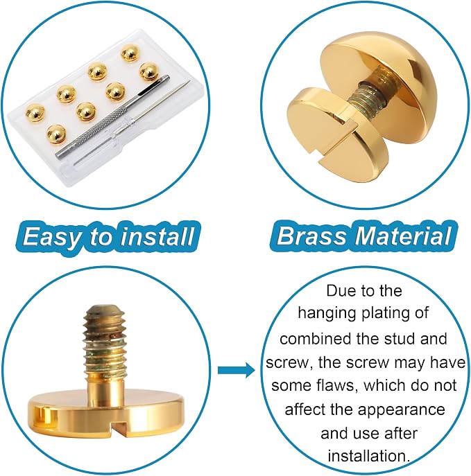 Notgia 8 Sets 12MM Purse Hardware Brass Studs for Clothing Rivets for Leather Purse Feet for Handbags Spikes and Studs for Repair and Decorate Clothing Shoes Belt Pet Collar Leather Craft (Gold)