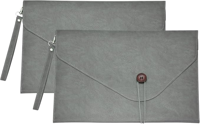 PATIKIL 2Pcs Leather Folder, 14x10 Leather Document Holder File Folder PU Pouch Bag Portfolio File Organizer Handbag Button Personal Envelope Waterproof for Traveling Men Gift, Gray