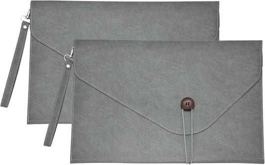PATIKIL 2Pcs Leather Folder, 14x10 Leather Document Holder File Folder PU Pouch Bag Portfolio File Organizer Handbag Button Personal Envelope Waterproof for Traveling Men Gift, Gray