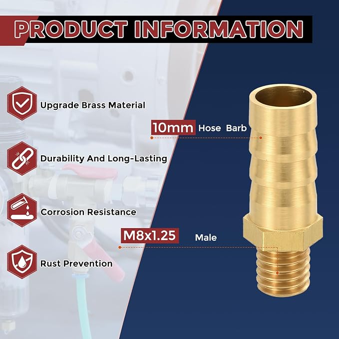 Pack of 10 Brass Hose Barb Fittings 10mm Hose Barb to M8x1.25 Male Fittings for Home Machines, Massage Bathtubs, and Irrigation Systems