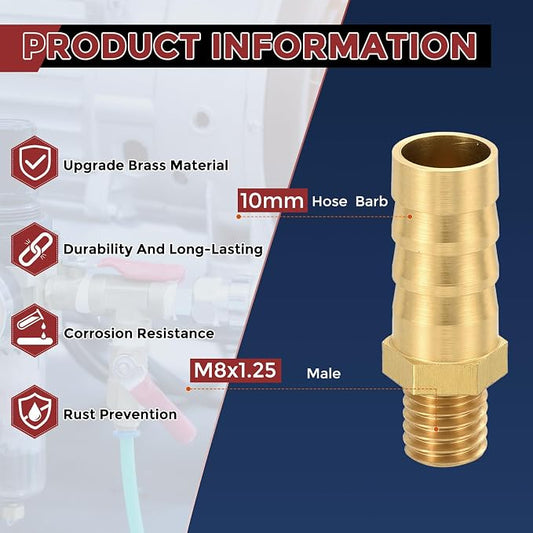 Pack of 10 Brass Hose Barb Fittings 10mm Hose Barb to M8x1.25 Male Fittings for Home Machines, Massage Bathtubs, and Irrigation Systems