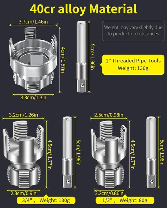 3PCS Internal & External Pipe Threading Tool Set, 1/2'' 3/4'' 1'' PVC Plastic Pipe Threader Kit, Drill Compatible Threading Tool for Plumbing Projects and Home Repairs
